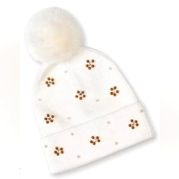 INC International Concepts Accessories - INC Ivory Faux Fur Pom & Pearl Beanie Hat One Size Fit All